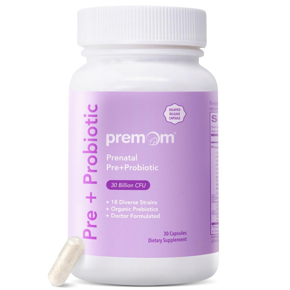Premom Prenatal Pre & Probiotika for kvinner: 18 Diverse organiske prebiotika Strains - Støtter Digestive, 30 milliarder CFU, Gut & Immune Health for mamma og baby - Daglige kapsler