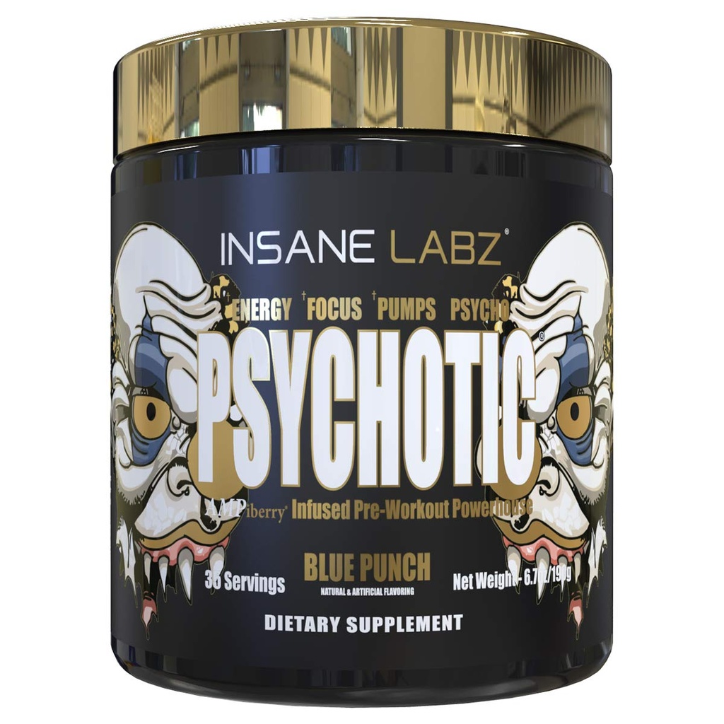 Insane Labz Psykotisk gull, høy stimulant pre treningspulver, ekstrem varig energi fokus, pumper og utholdenhet med Beta Alanine, DMAE Bitartrate, NO Booster (35 Serveringer, Blå Punch)