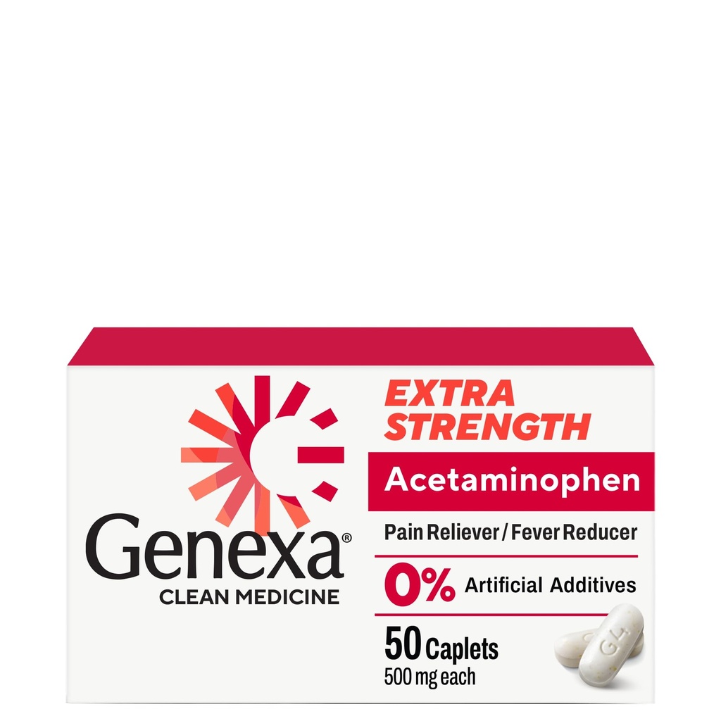 Genexa Clean Acetaminophen 500mg Extra styrke, Dye Free smertefri smertefri feber Reduserer, 0% kunstige tilsetningsmidler, smertemedisiner for voksne, lindrer hodepine, ryggsmerter, mindre ledgiktsmerter, 50 tabletter