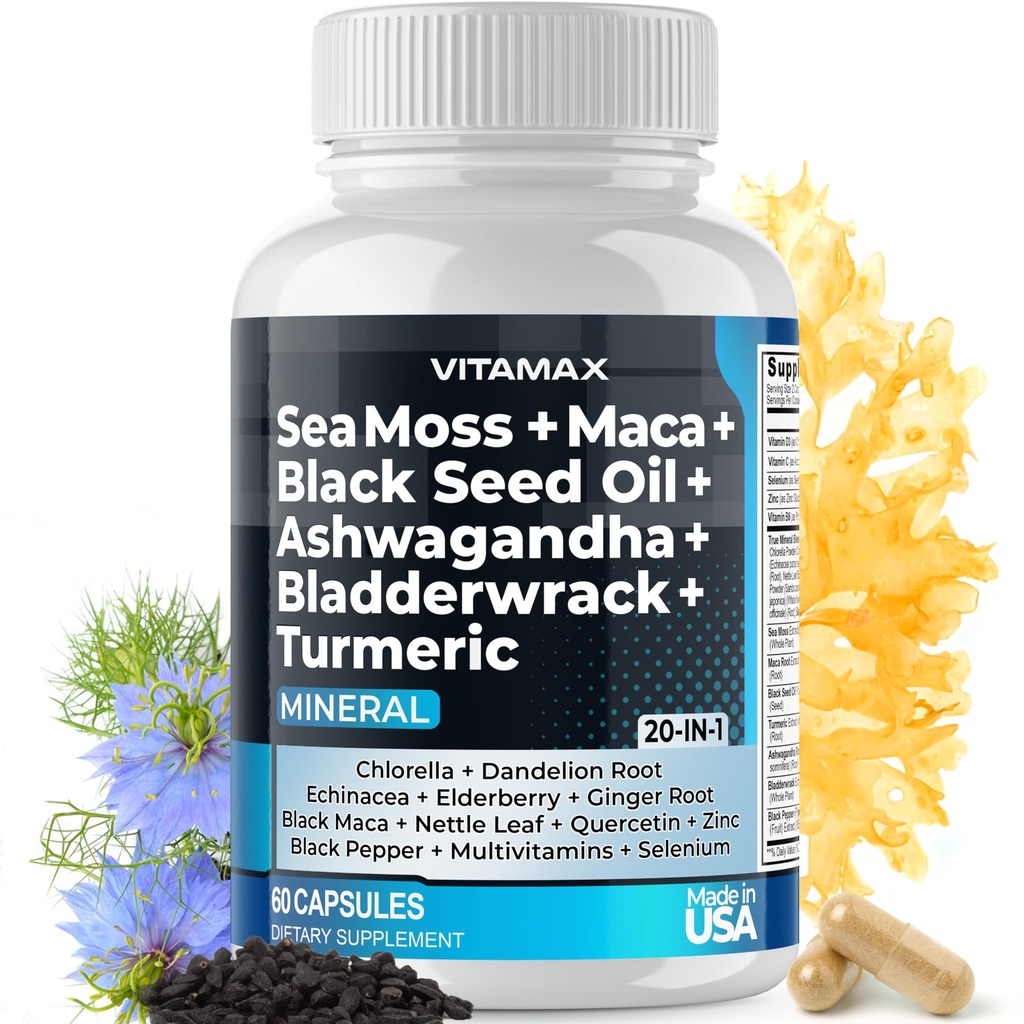 Hav Moss Maca Svart Seed Oil Ashwagandha Bladderwrack Turmeric - Manuka Honning, Elderberry, Vitamin C & D3, Dandelion & Svart Pepper - Ikke-GMO - Vegansk - laget i USA - 60ct