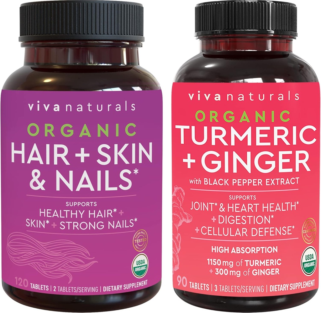 Organisk hårhud og negler Vitaminer + organisk gurkemeie med svart pepper og ginger bundle, laget med biotin 5000mcg for sunt hår, gurkemeie for naturlig felles støtte