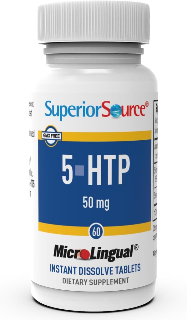Superior Source 5-HTP 50 mg - naturlige kosttilskuddshjelpemidler Restful Sleep & Neurotransmitter funksjoner - Brain Health & Function Support - 5-hydroxytryptophan Supplement - 60 Instant Solve Tabletter