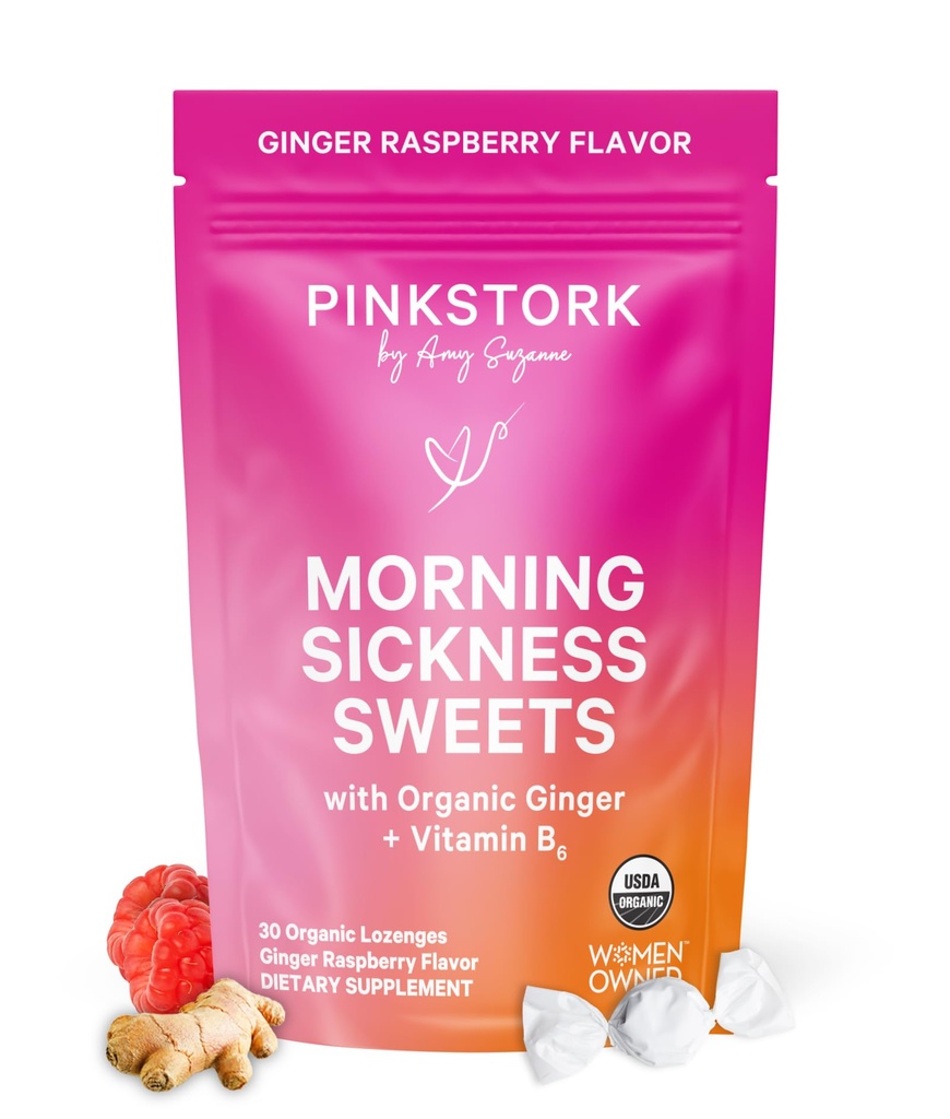 Pink Stork Morgensykhet Søt, Organisk bringebær Ginger Candy med vitamin B6, Støtte for bevegelsessykhet, Prenatal Heartburn - Graviditet må ha - 30 omringede dråper