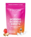 Pink Stork Morgensykhet Søt, Organisk bringebær Ginger Candy med vitamin B6, Støtte for bevegelsessykhet, Prenatal Heartburn - Graviditet må ha - 30 omringede dråper