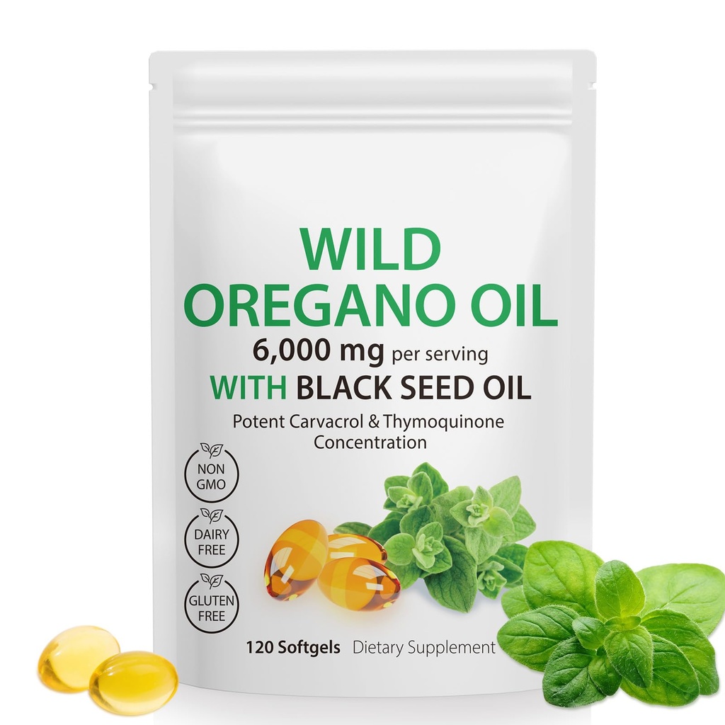 Olje av Oregano Softgels - Wild Oregano Olje 6.000mg med svart frøolje 200mg kapsler, 120 greve, Potent Carvacrol & Thymoquinon, ikke-GMO, Dairy Free, Glutenfri