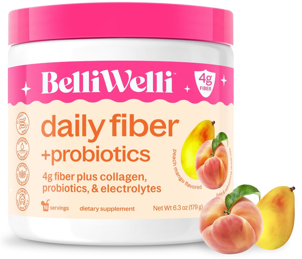 BelliWelli Fiber Supplement for kvinner og menn – Premium daglig fiber pulver fra organisk akacia med lagt til kollagen, elektrolytter og probiotika – No Bloat, cocktail og gut helsestøtte (Peach Mango)