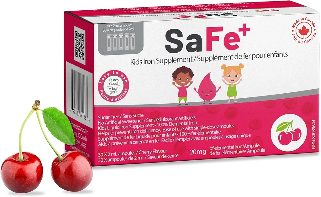 SaFe+ flytende jern for barn | Great Tasting Cherry Flavor | Lett å bruke 20mg / 2ml jern per ampule | 30 enhet-doser (2 ml hver) Jeg sukker gratis og allergen gratis Jeg opprettholder fysisk og mental velvære