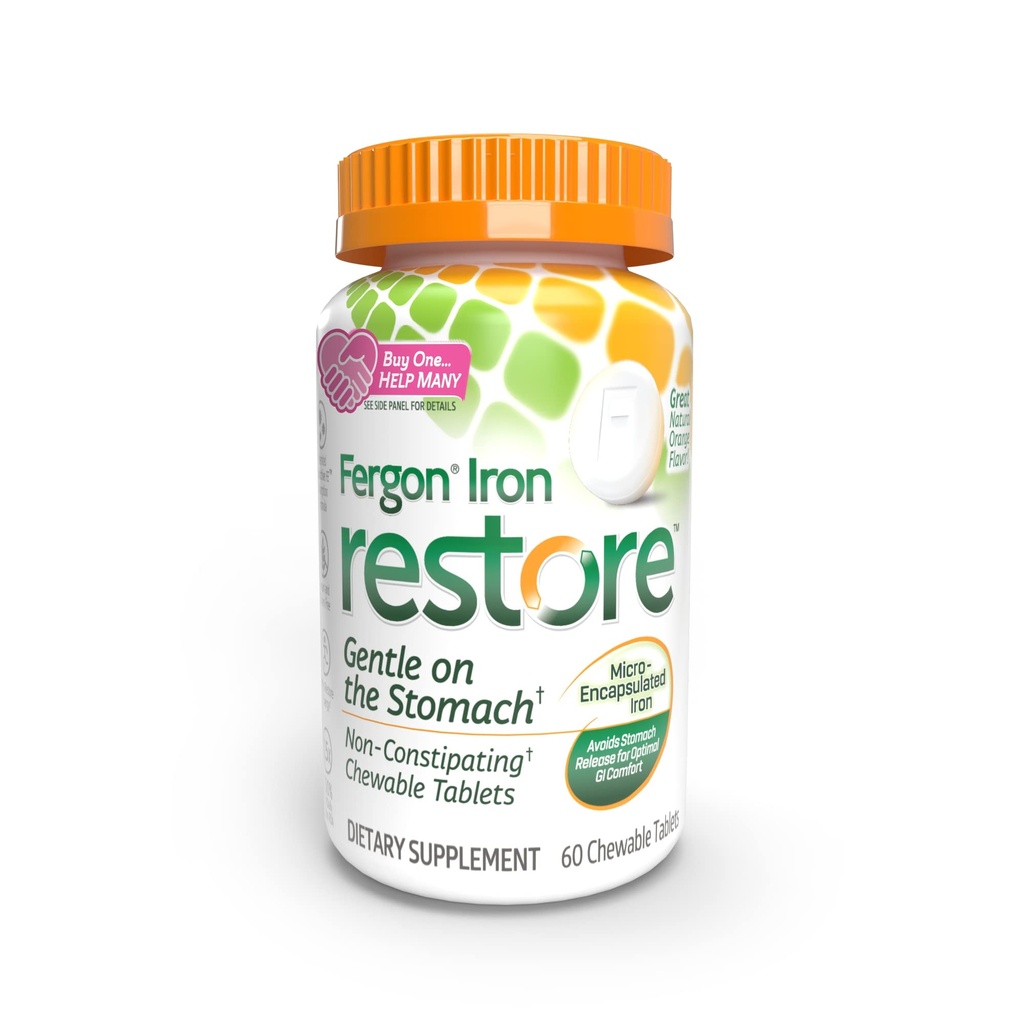 Fergon jern gjenopprette Chewable tabletter - Gentle på magen, ikke-forstoppende - 27 mg jern for energi støtte – 60 tabletter
