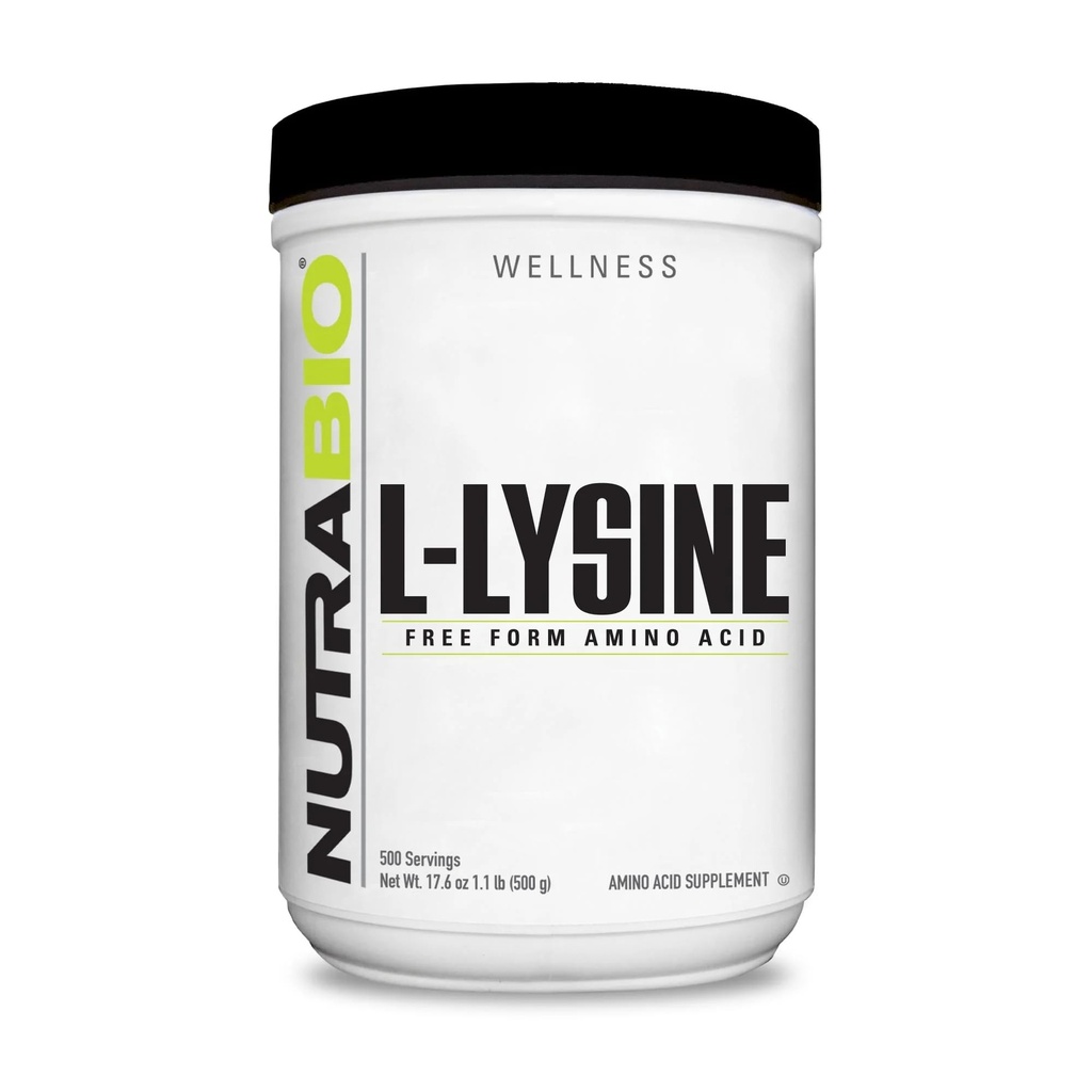 NutraBio L-Lysine pulver 500g – essensiell aminosyre for proteinmetabolisme, kollagenstøtte, og immunhelse – ren, ikke-GMO, vegansk-500 serveringer