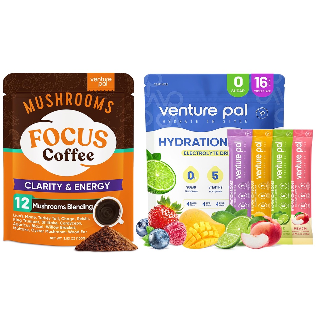Venture Pal Mushroom Kaffe & Electrolyte Powder Bundle: 12 i 1 Kaffe med Ashwagandha for fokus & immunitet + sukkerfri elektrolyte pakker med 5 vitaminer & 7 elektrolyter - 40 serveringer & 16 Stick