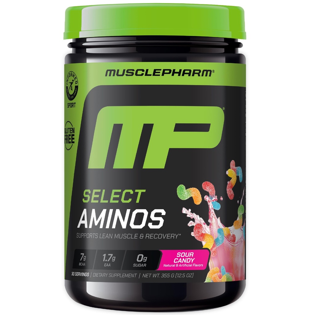 MusclePharm Select Amino's EAA + BCAA, Post trening essensielle aminosyrer pulver, pre trening energi supplement for menn og kvinner med grened kjede aminosyrer, 30 serveringer (Sour Candy)
