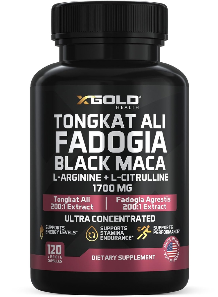 X Gold Health Tongkat Ali + Fadogia Agrestis + Black Maca - Energi, Vitalitet & Stamina Booster for menn og kvinner laget i USA