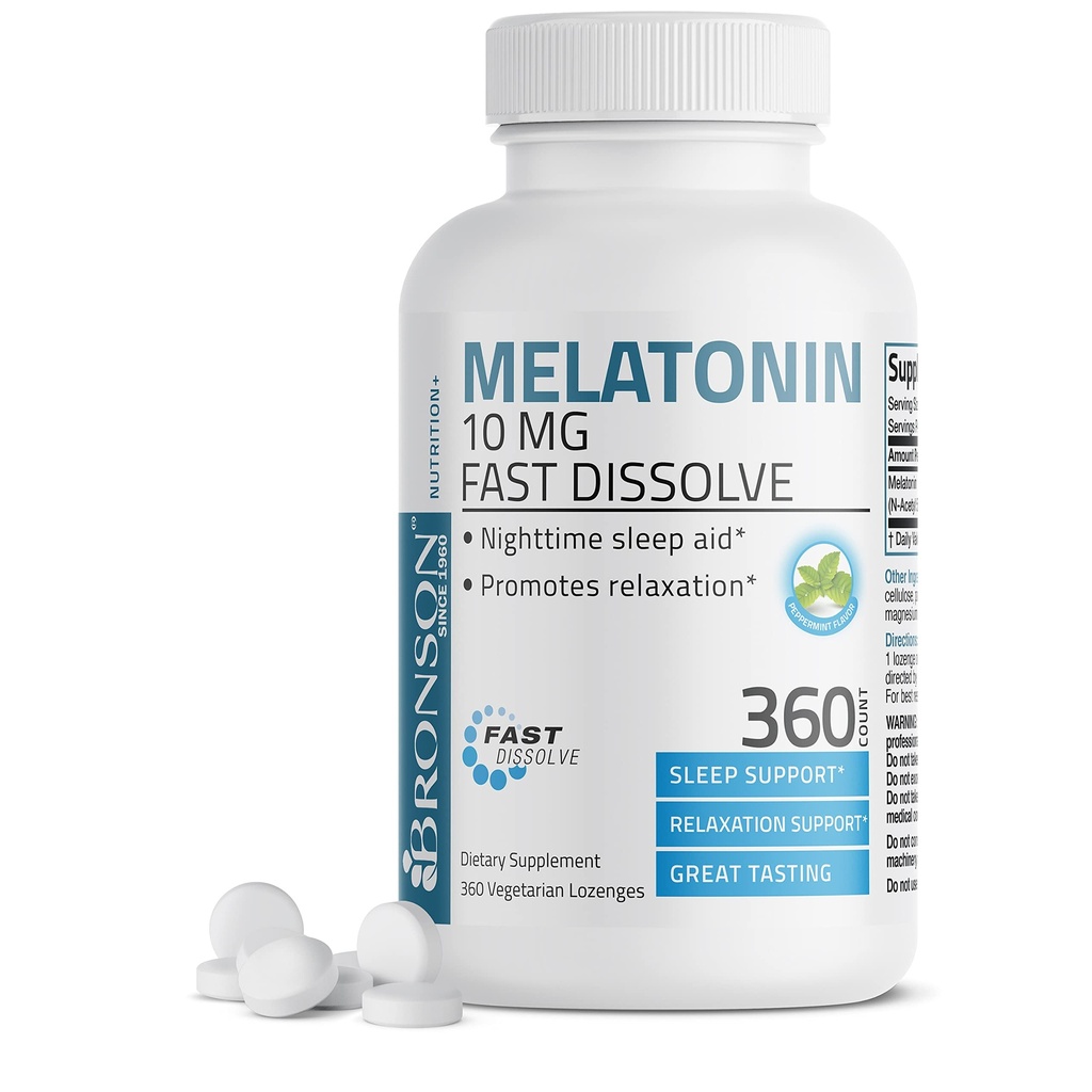 Bronson Melatonin 10 MG Fast Oppløse Peppermint Tabletter, fremmer avslapning, 360 Chewable Vegetariske Lozenges