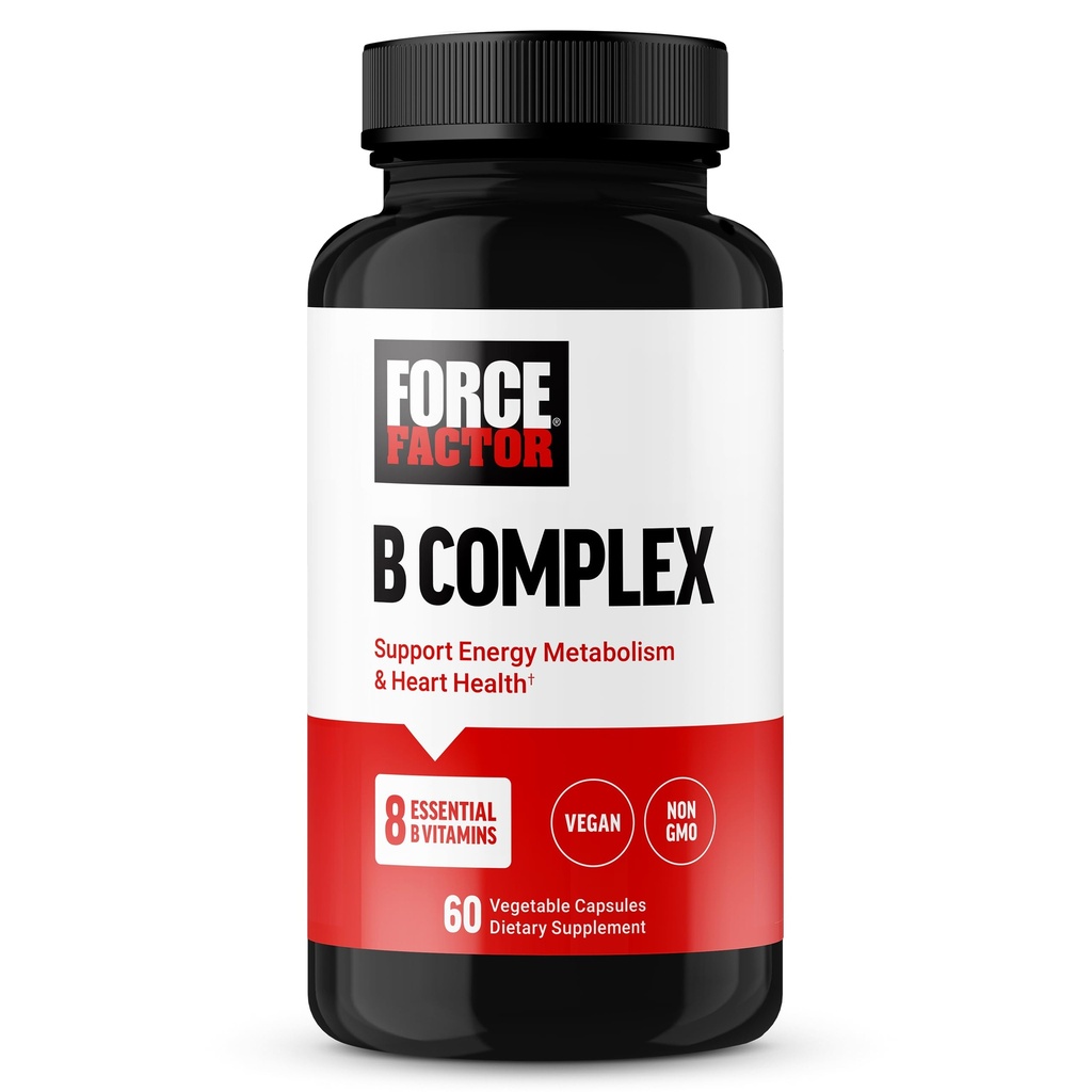 FORCE FACTOR Vitamin B-kompleks for å støtte energi, vitalitet og hjertehelse, inkluderer vitamin B1, vitamin B2, vitamin B3, vitamin B6, vitamin B12, og mer, vegansk, ikke-GMO, 60 grønnsaker kapsler