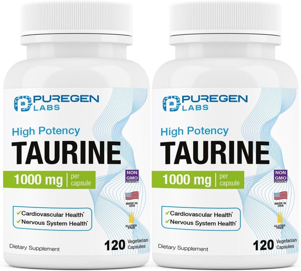 Puregen Labs Taurin 1000mg [høy styrke] Totalt 240 Veg Kapsler | Ingen skadelige additiver | Ikke-GMO, Ingen Gluten og Dairy, støtter hjerte helse og muskel gjenoppretting | laget i USA