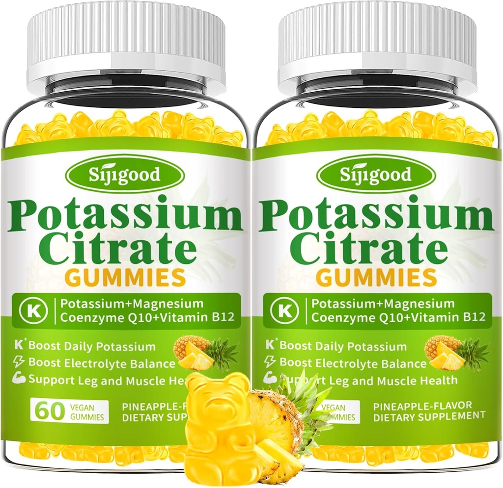 2 Pakke Kalium Citrate Gummies - høy potens Kalium Supplement for muskelhelse, benkramp Relief, elektrolytbalanse - Vegan, ikke-GMO, Glutenfri, Pineapple Flavor, 120 greve