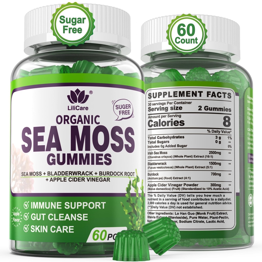 Sea Moss Gummies - Irsk sjø Moss Gummies for voksne og barn - Avansert Superfood Seamoss Supplement med organiske Bladderwrack & Burdock Root Extract, ACV for daglig immunforsvar, Gut Cleanse, Vegan, 60 grevs