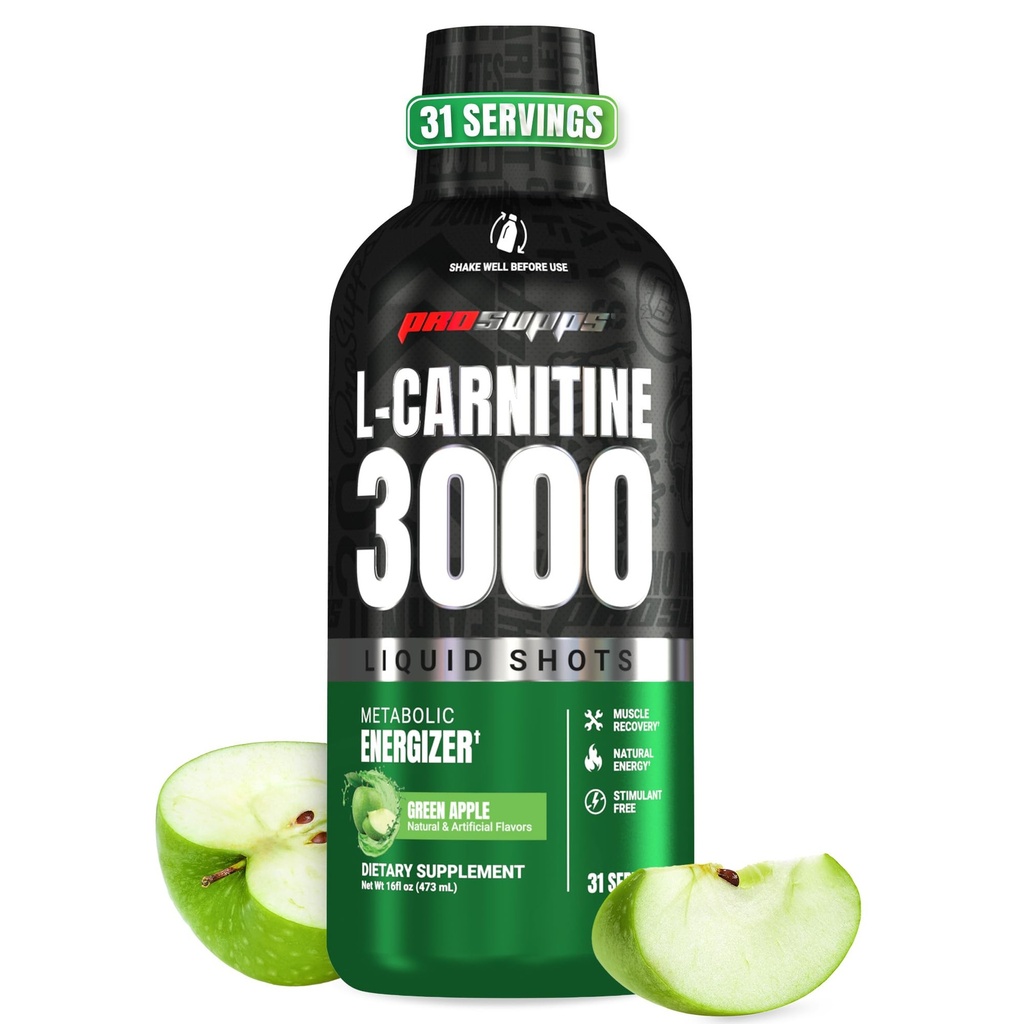 PROSUPPS L-karnitin flytende 3000, stimulerende-fri flytende bilder for menn og kvinner - ren trening drikk for energi, ytelse og muskelgjenvinning - Ingen sukker, ingen karbohydrater - 31 serveringer, grønn Apple