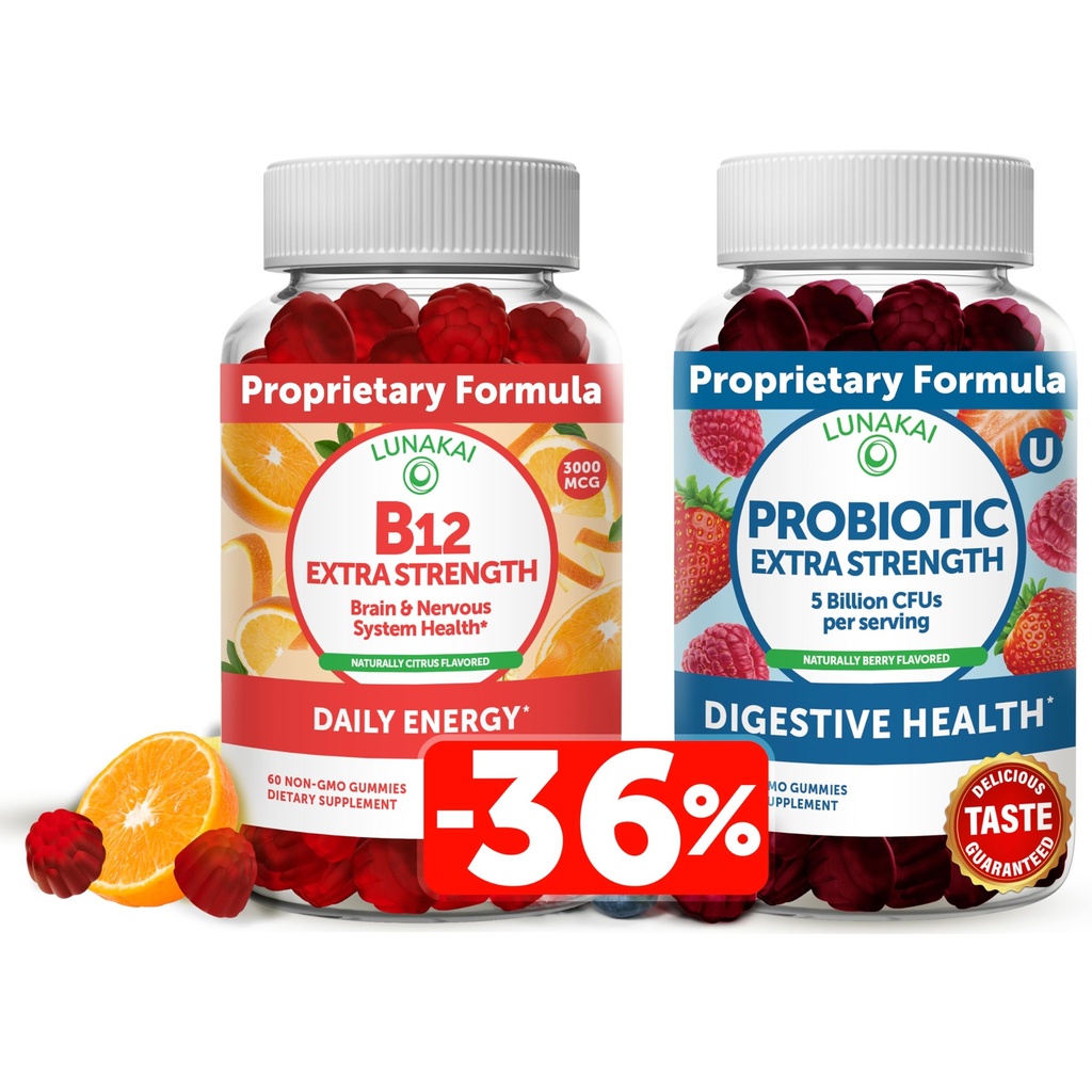 Lunakai vitamin B12 og probiotiske gummier Bundle - 3000 mcg gummy for voksne energi støtte og bein helse - 5 milliarder CFUs Per Serving for Digestive Gut helse med vitamin C for kvinner og menn