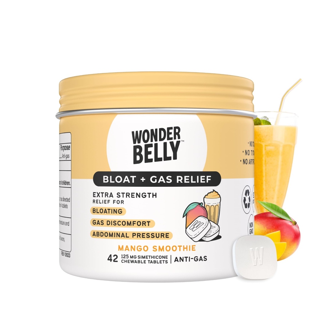 Wonderbelly Bloat + gass relief, ekstra styrke Chewable tabletter, med 125 mg simetikon, ingen Talc eller Dye, Mango Smoothie, 42 greve