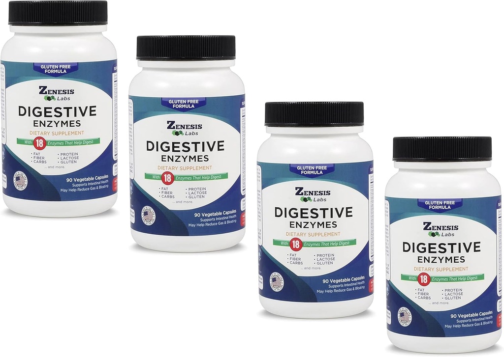 Zenesis Labs Digestive Enzymes - med Amylase, Bromelain, Protease, Lipase og 14 andre Enzymes Bulk 360 Kapselforsyning (4 flaskesett - 90 Kapsler / Bottle)