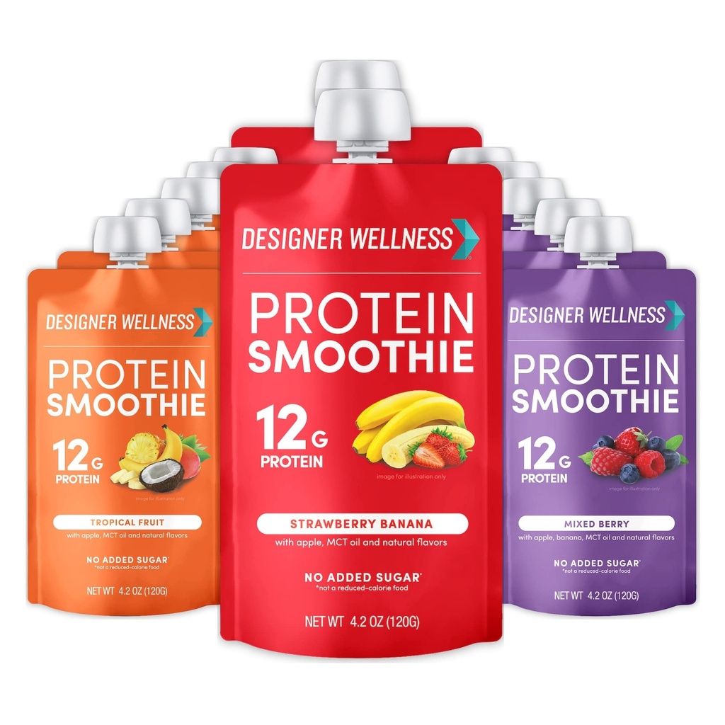 Designer wellness protein smoothie, ekte frukt, 12g protein, lav karbohydrat, null tilsatt sukker, glutenfri, ikke-GMO, ingen kunstige farger eller flavorer, variasjonspakke, 12 teller