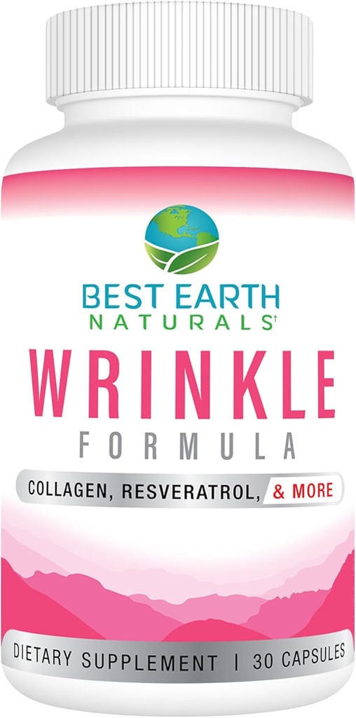 Beste Earth Naturals Wrinkle Formula med Hyaluronsyre, Niacinamide, Multi vitamin, kollagen for kvinner eller menn - Hudvitaminer Supplement -30 dagers forsyning (30 kapsler)