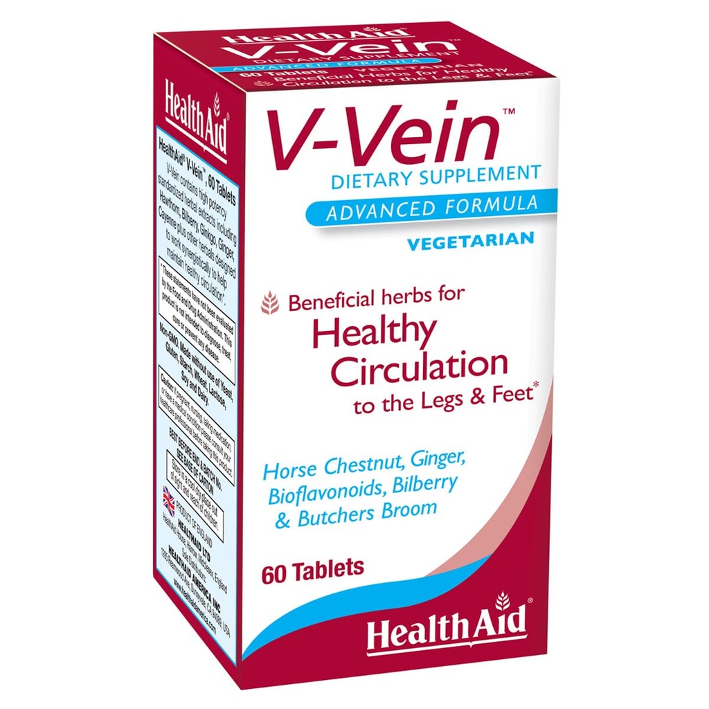 HealthAid V-Vein, Benefitielle næringsstoffer for sunn sirkulasjon for ben og føtter, 60ct, En gang daglig, inneholder ginkgo, kornfrø, vitamin C og bilbær, Vegan