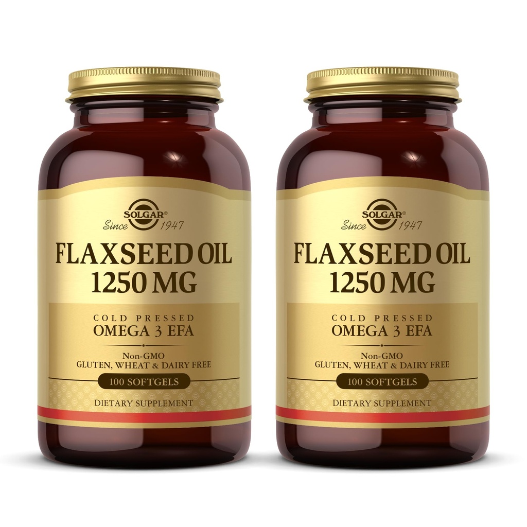 Solgar Flaksfrøolje 1250 mg - 100 Softgels, Pakke med 2 - Konsentrert Plantekilde til Omega-3 Alpha-Linoleic Acid (ALA) - Ikke-GMO, Glutenfri - 100 Total Services