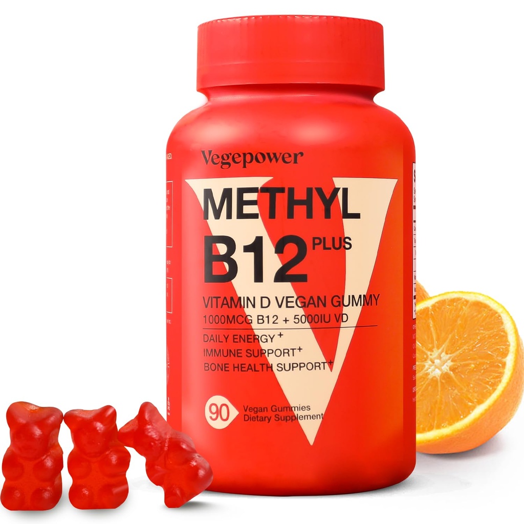 Vitamin B12 D3 Vegan Gummies - 90 Count I 1000 MCG Metyl B12 & 5000 IU Vitamin D Gummy Chewable kosttilskudd for voksne og barn - Immun helse og daglig energi Boost - Ikke-GMO, Orange