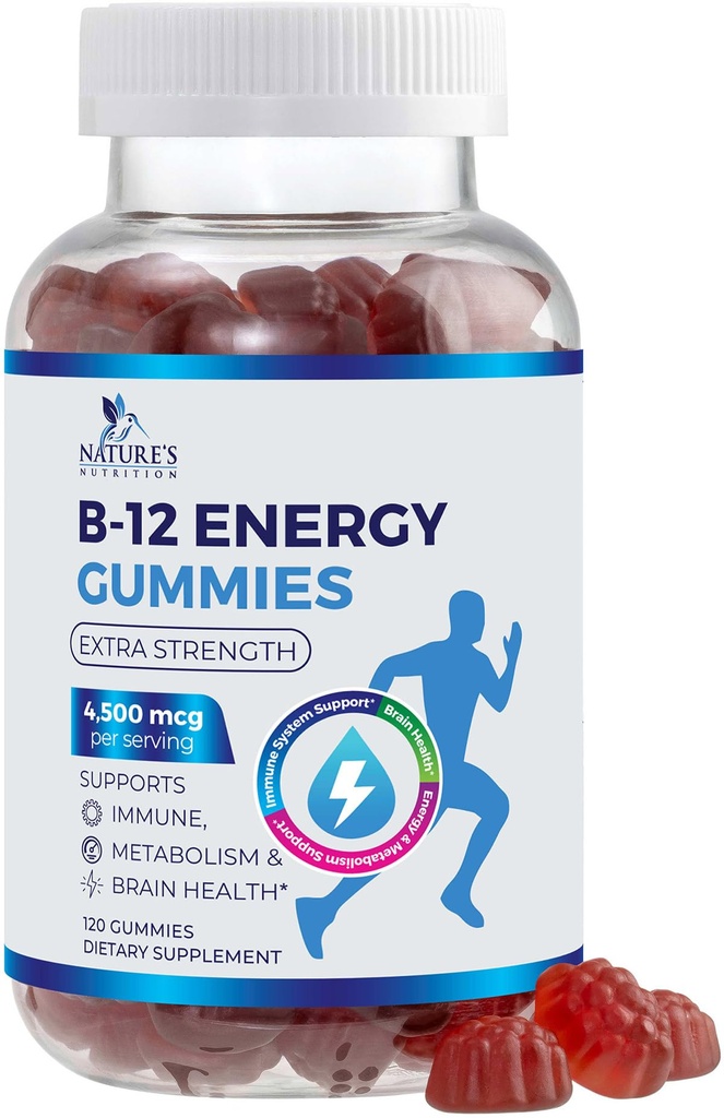 B-12 Vitamin Energi Gummies 4500mcg - Ekstra styrke B12 Gummy Chewables for energimetabolisme og immun støtte - Kosttilskudd for kvinner, menn, & barn - Ikke-GMO, Vegan, Berry Flavor - 120 greve