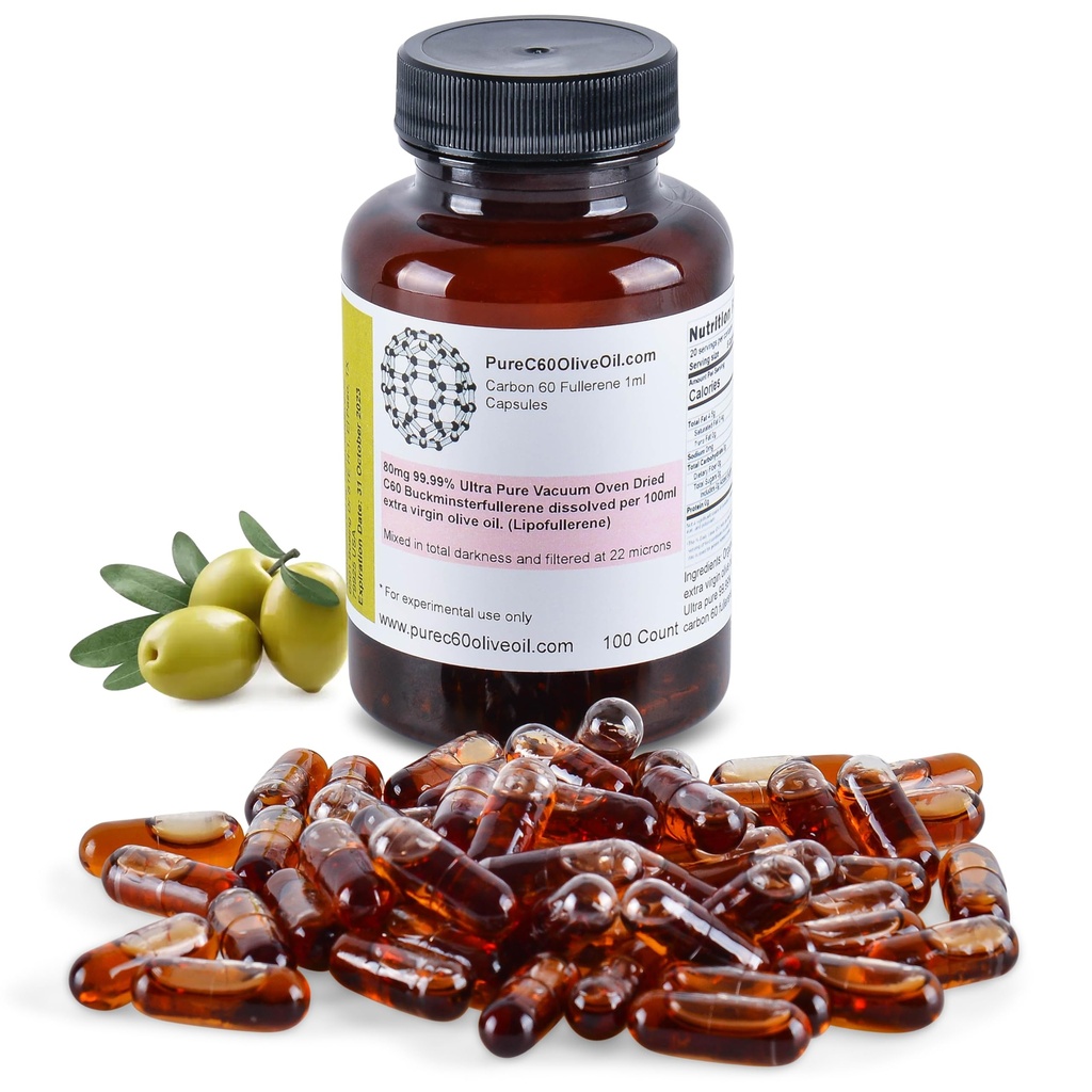 PureC60OliveOil C60 Organic Olive Oil Capsules piller 100ml / 3,4 Fl Oz - 99,99% Carbon 60 løsemiddel gratis 80 mg - Mat Grade - Carbon 60 Olive Oil - fra den ledende globale produsenten