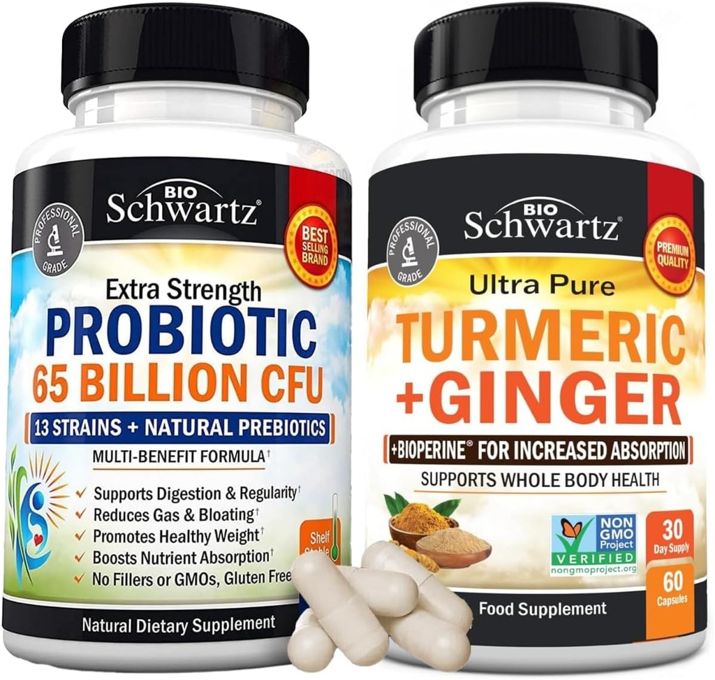 Organisk gurkemeie Curcumin og Ginger Supplement (1 måneds forsyning) Plus 65 milliarder CFU daglig probiotiske Supplement (1 måneds forsyning)