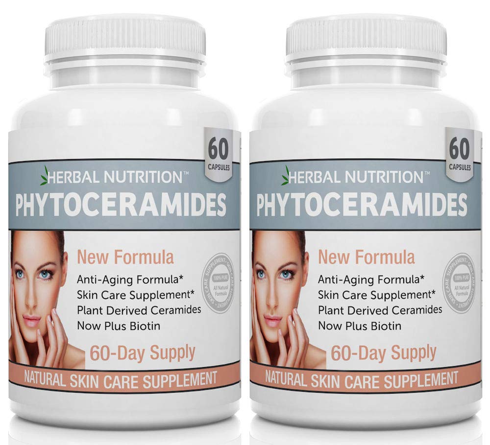 Fytoceramider Rice Basert med Biotin Anti Aging Supplement, Wrinkle Remover og Facial Moisturizing med Phytoceramider Vitamin A, C, D og E, To flaskepakke, 120 kapsler 40mg, Glutenfri