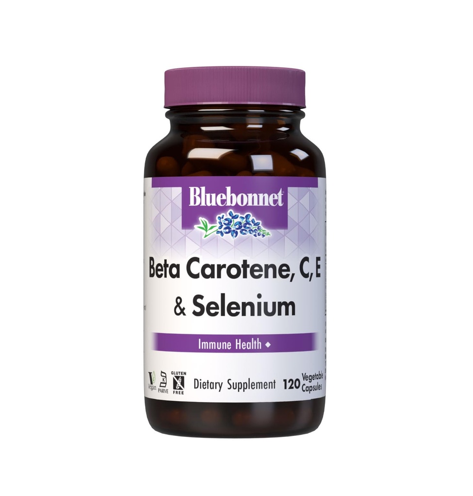 BlueBonnet Beta Carotene C og E Plus Selenium Vegetariske kapsler, 120 greve, hvit