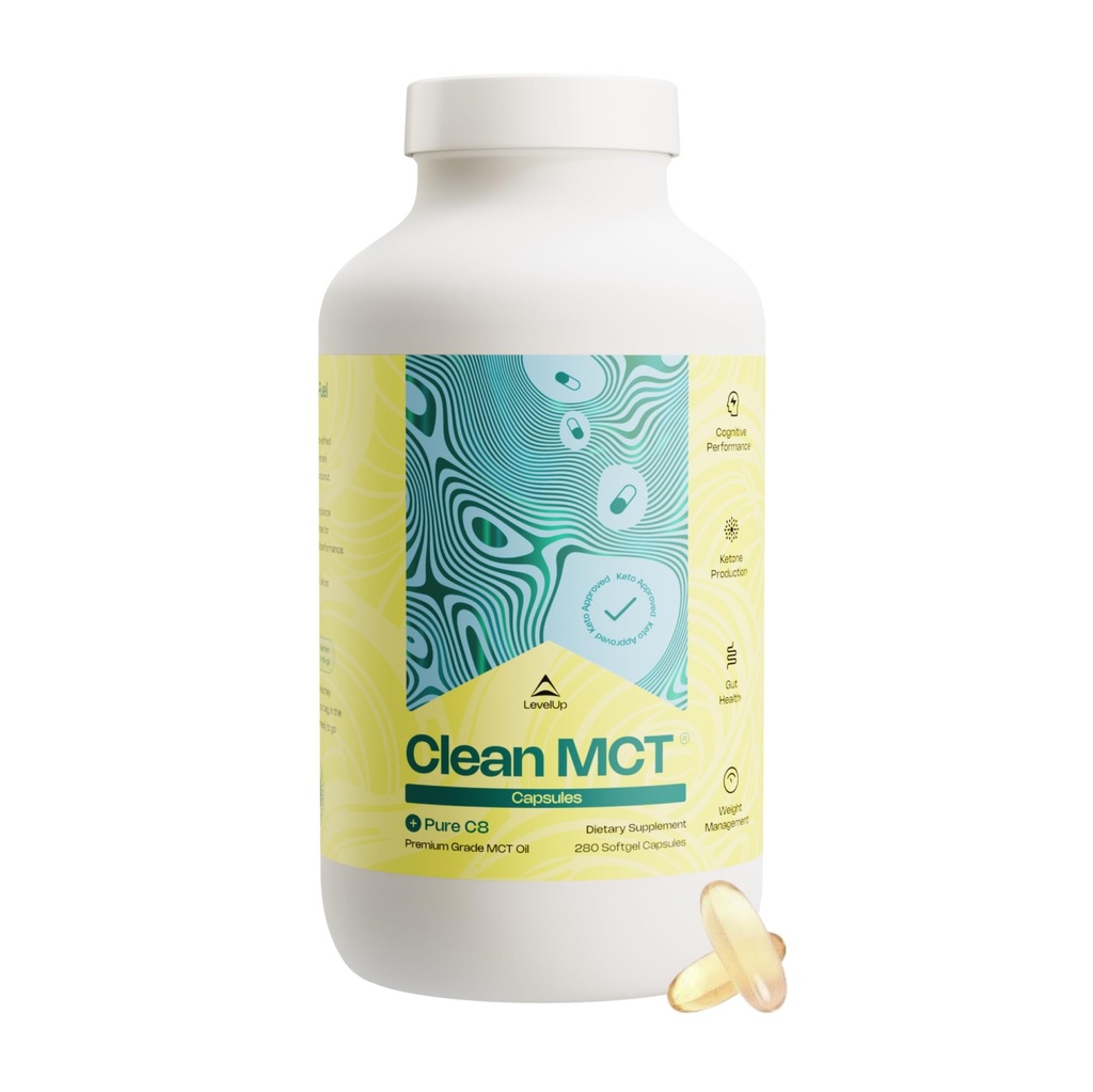 LevelUp Clean MCT oljekapsler - 100% Capryl C8 for energi, fokus, vektkontroll, Gut helse, hjerne Superdrivstoff - Ketogen diett og ketoner - Ikke-GMO (280 Count)