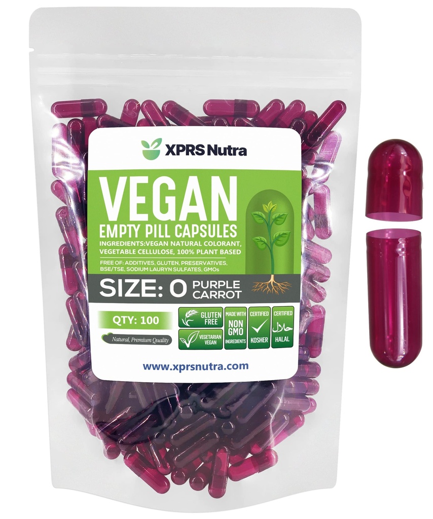 XPRS Nutra Størrelse 0 tomme kapsler - 100 telle tomme veganske kapsler - vegetariske piller - DIY grønnsaker Capsule Fylling - Veggie piller for å gjøre-det-selv kosttilskudd (Purple Carrot)