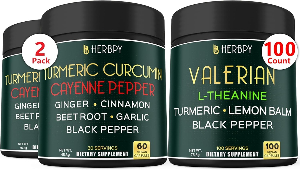 Bundle 7in1 Turmeric Curcumin & 5in1 Valerian Root Supplement - støtte Digestion, hjerte helse, immun og avslapping