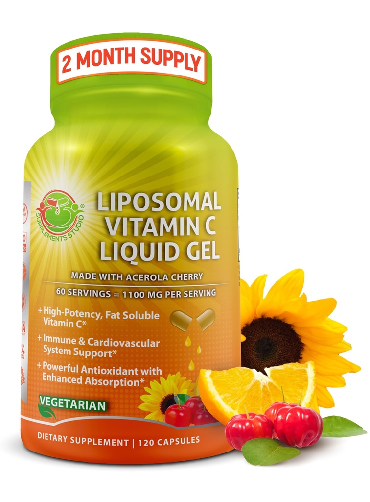 Liposomal vitamin C flytende Gel kapsler - 1100mg - Laget med organiske Acerola Cherries, høy potens vitamin C Liposomal immunstøtte Supplement med forbedret absorpsjon og biotilgjengelighet - 120 count