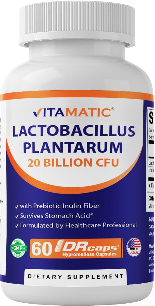 Vitamatic Lactobacillus Plantarum - 20 milliarder per DR Capsule - 60 greve - Digestiv støtte - laget med Prebiotic Inulin Fiber