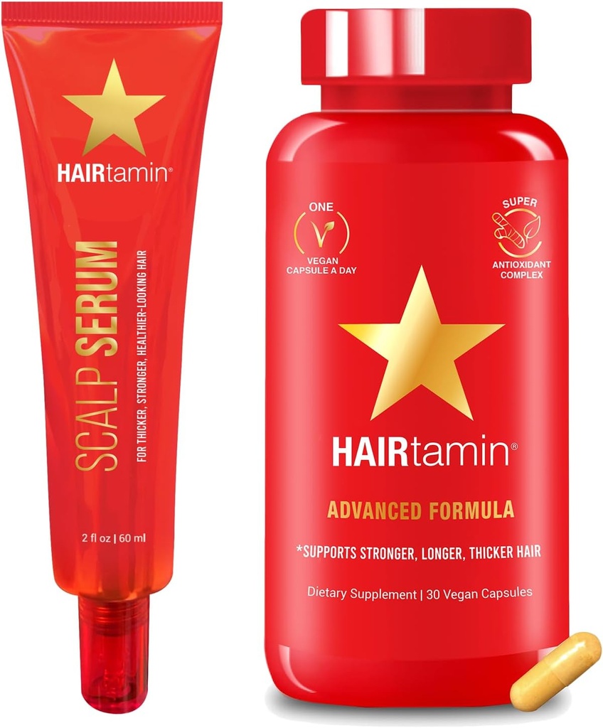 HAIRtamin Advanced Hair & Scalp Serum Pack ® All-Naturlig Vegansk Biotin Kapsler & Serumprøve for hår, hud og neglevekst