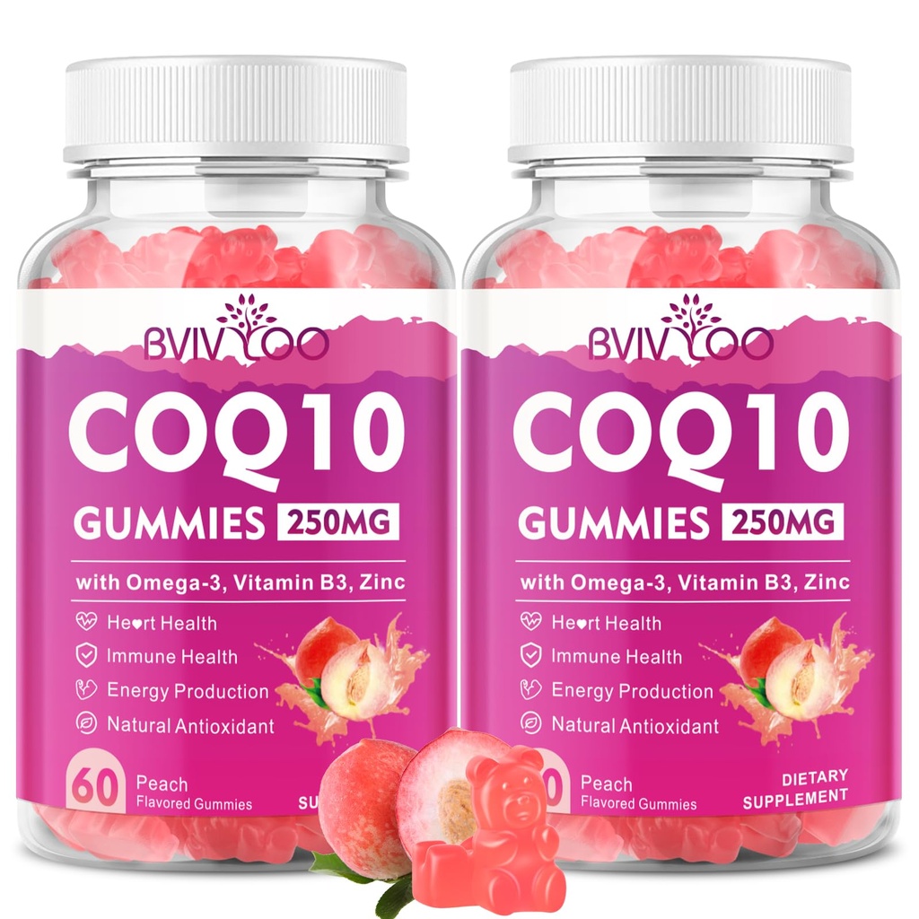 2 Pack CoQ10 Gummies 250 mg, Plus Omega-3, vitamin B3 & sink, magnesium - høy absorpsjon koenzym Q10 kosttilskudd for hjerte helse, cellulær energi, og antioksidant støtte, 120 count