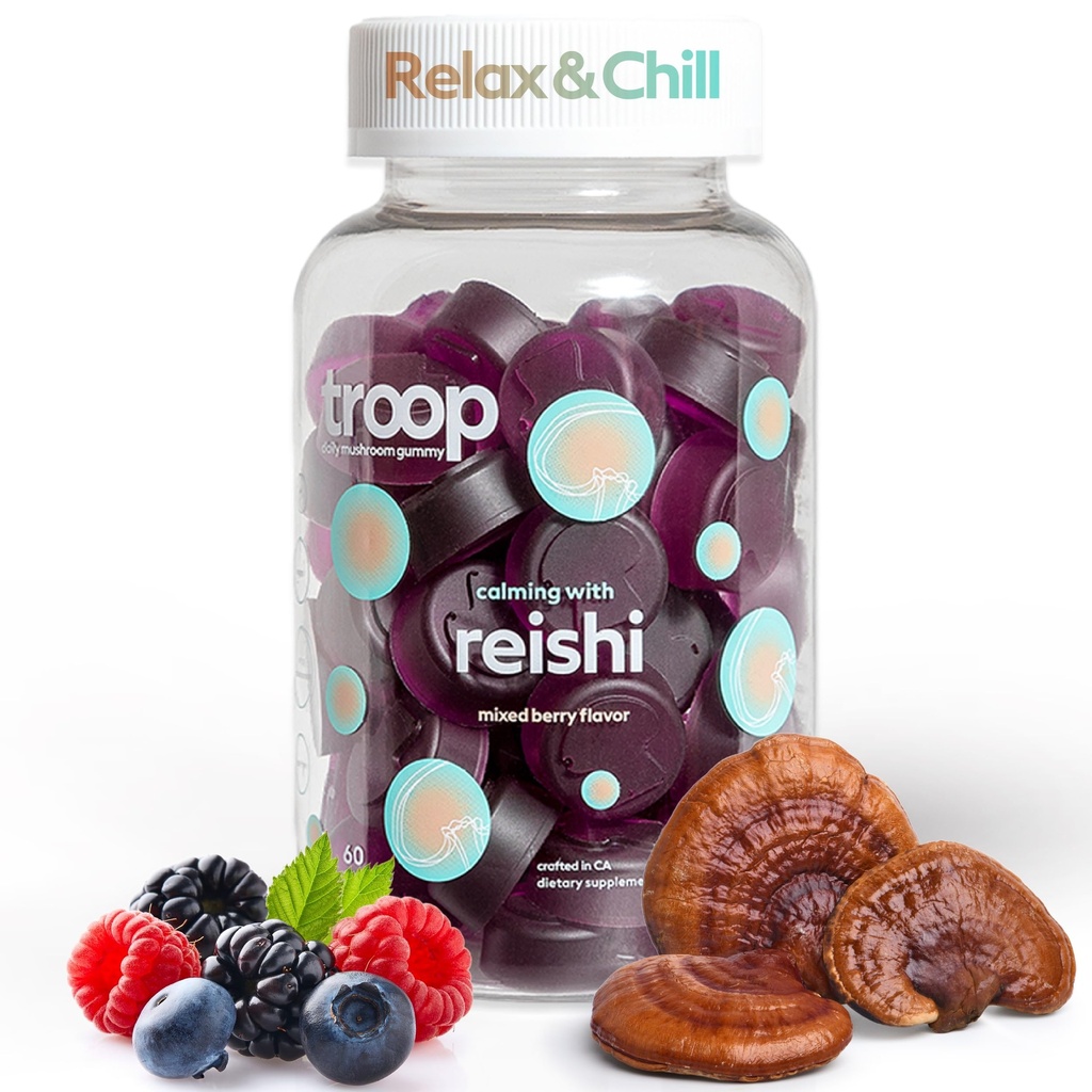 Troop Reishi Mushroom Gummies - beroligende gummier for voksne og barn - Fokus Supplement for stress, avslapping, immunstøtte - 4000mg Triple-Extracted Fruiting Body - Blandet Berry, 60 Count