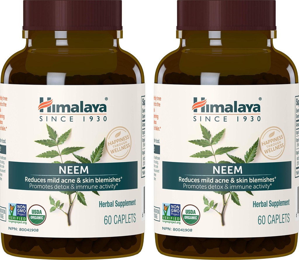 Himalaya Organic Neem Herbal Supplement, for Mild Acne & Clear hud, rensende, Ayurvedic, USDA sertifisert organisk, ikke-GMO, Vegan, 600 mg, 60 plantebaserte kapell, 2 pakke