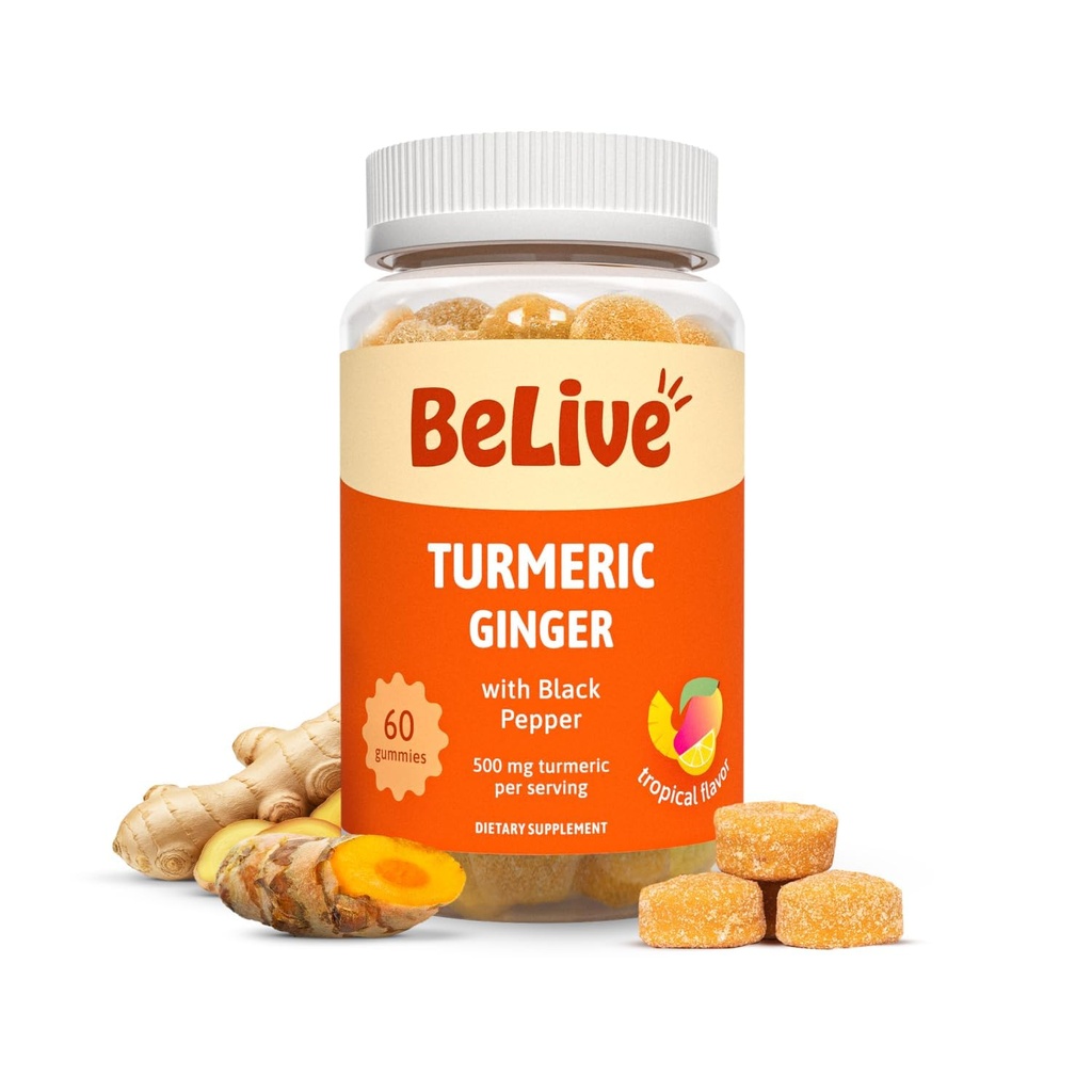 BeLive Turmeric Curcumin med Black Pepper & Ginger - 500 mg Turmeric og Ginger Supplement for immun støtte, sunn hud og mobilitet - Tropical Flavor ® 60 Count