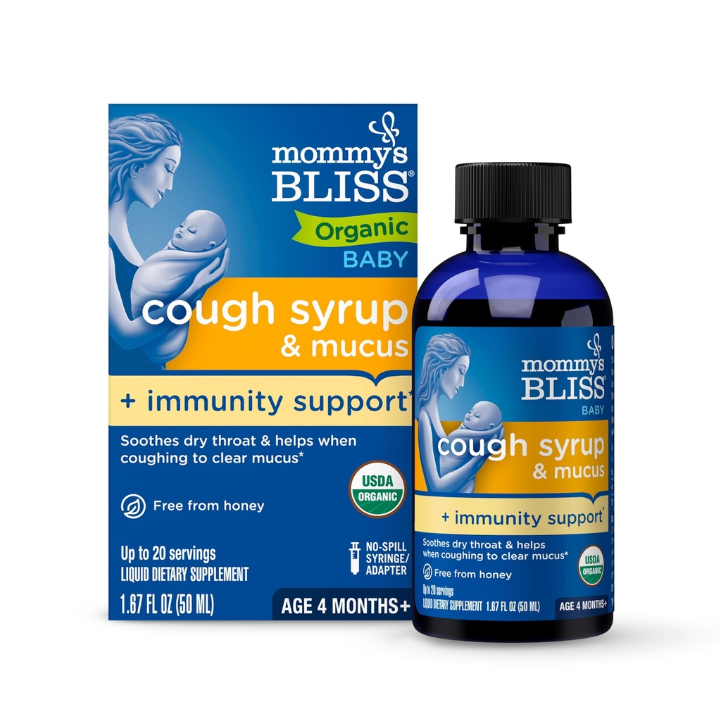 Mammas Bliss Organic Baby Cough Syrup og Mucus + Immunitetsstøtte, Inneholder organisk Agave og Ivy Leaf, laget for babyer 4 måned +, 1.67 Fluid Ounces