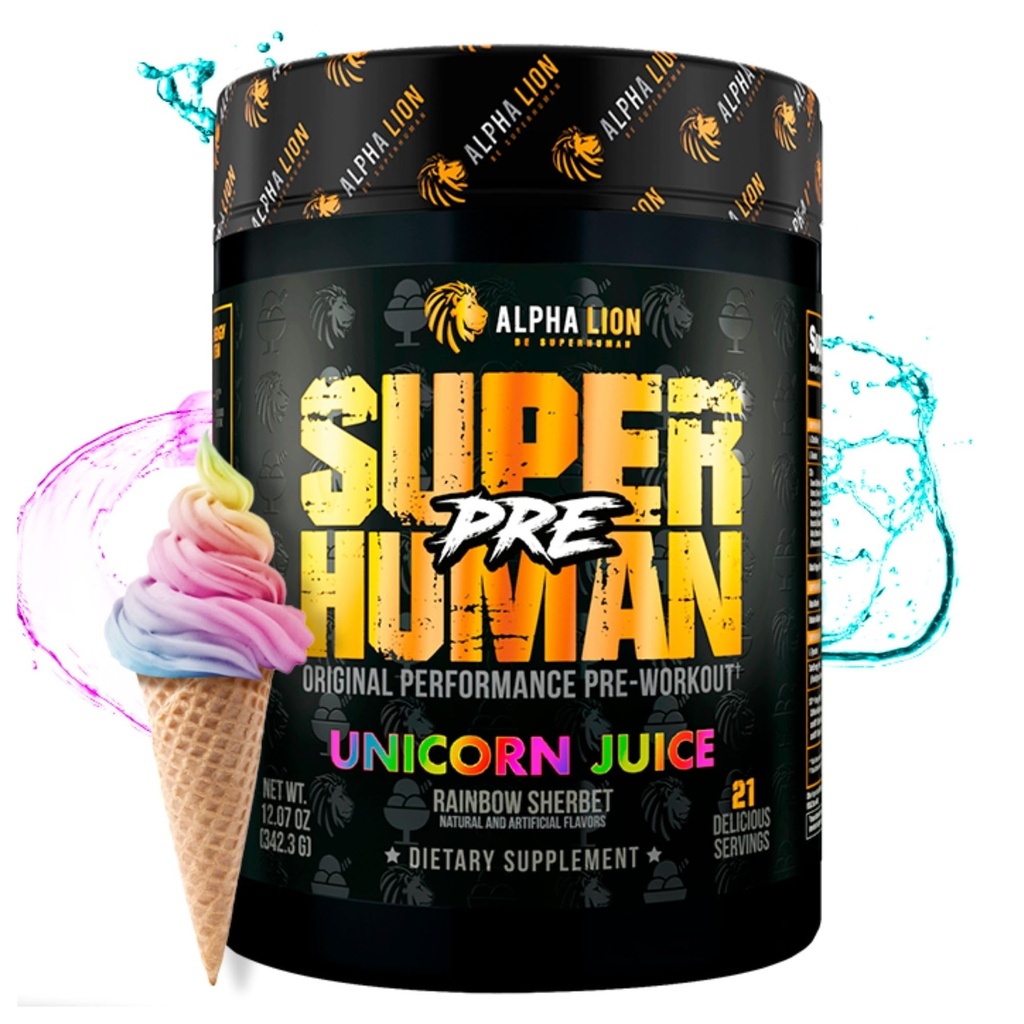 ALPHA LION Superhuman Pre Workout pulver, Beta Alanine, L-Taurin og Tri-kilde-kaffein for fristående energi og fokus, Nitric Oxid & Citrullin for pumpe (21 Serveringer, Unicorn Juice)