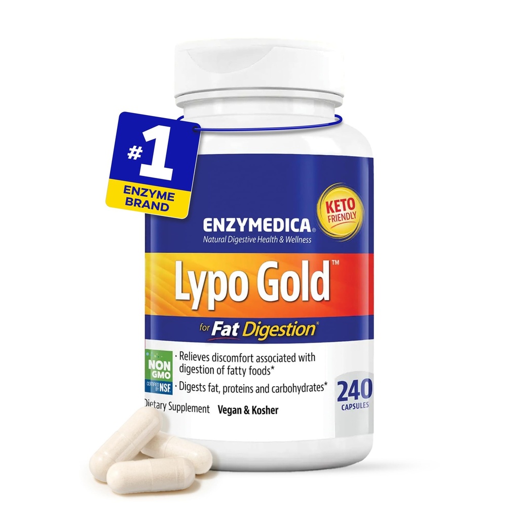 Enzymedica Lypo Gold, høy potens lipase digestive enzymer for fett digestion, støttes av og til Bloating Relief & Digestive Helse, Keto-vennlig, Vegansk, 240 kapsler