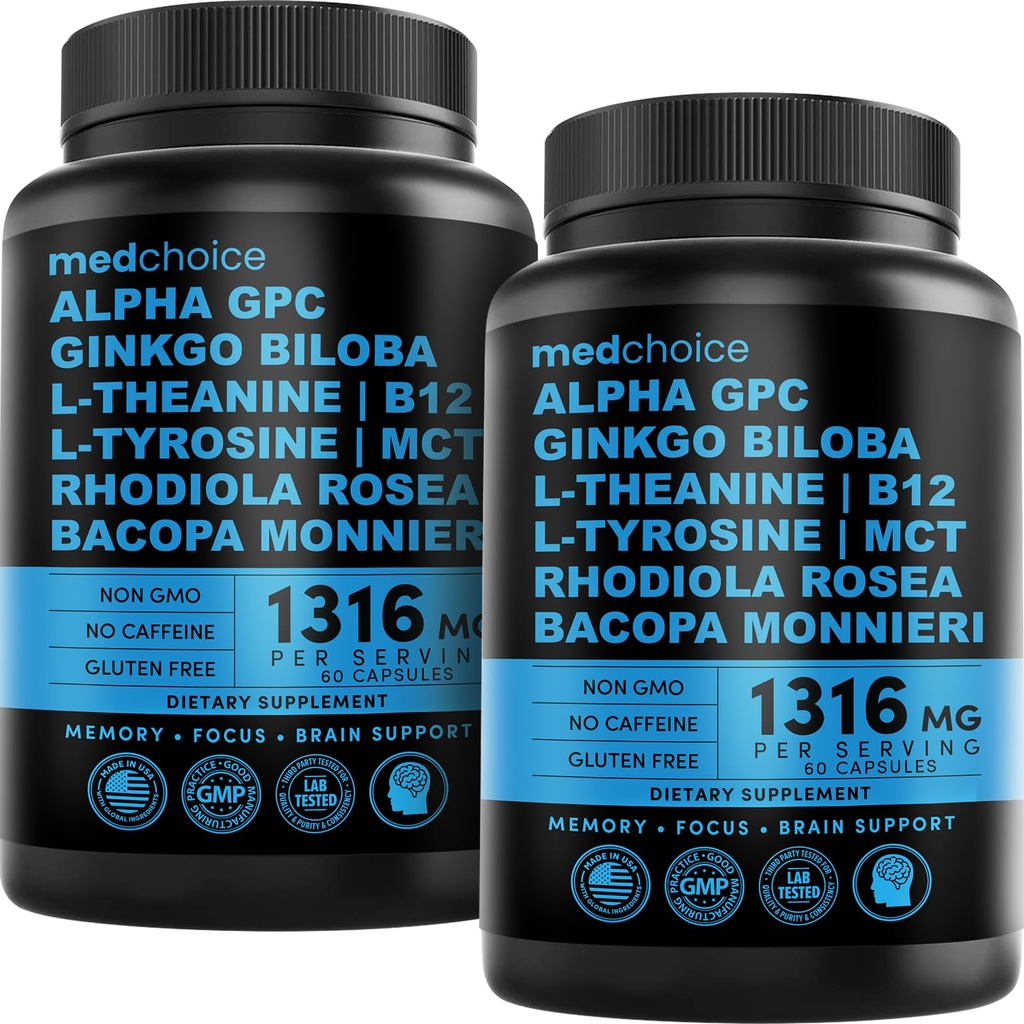 12-i-1 Nootropic Brain Supplement Anhydrous: Ginkgo Biloba for hjernestøtte, minne og fokus - B12, Alpha GPC, L Theanine og Choline Supplements med Bioperine Non Koffeinated 1321mg (120ct)