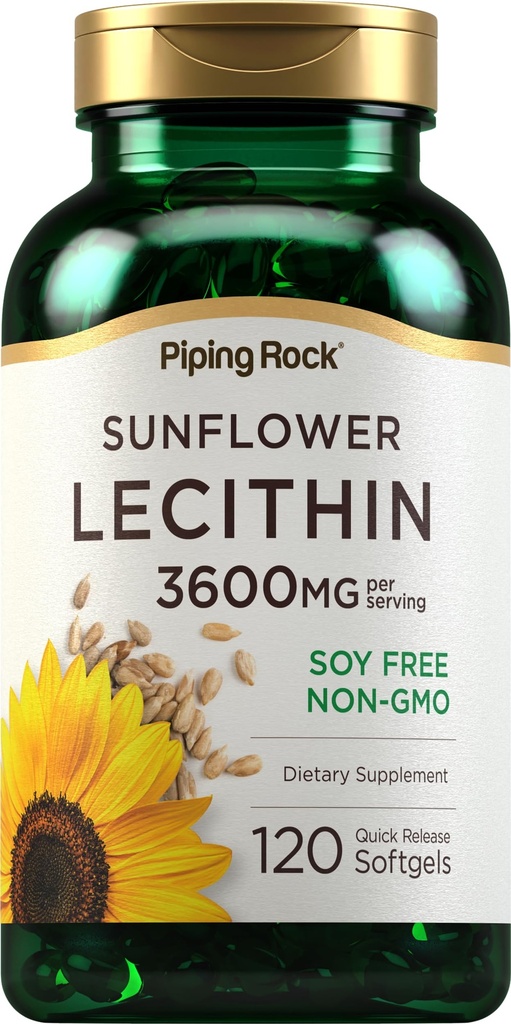Piping Rock Sunflower Lecithin Softgel Kapsler | 3600 mg | 120 greve | Rik på Fosfatidylkolin | Soy Gratis, Ikke-GMO, Glutenfri